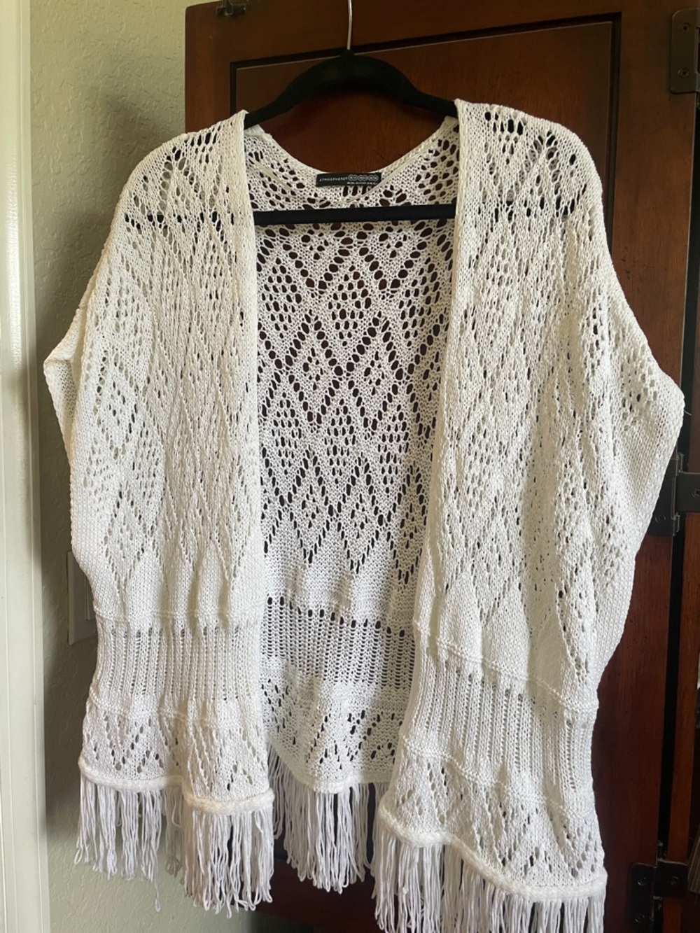 Atmosphere Women's Open Knit Fringe Cardigan Sweater - White